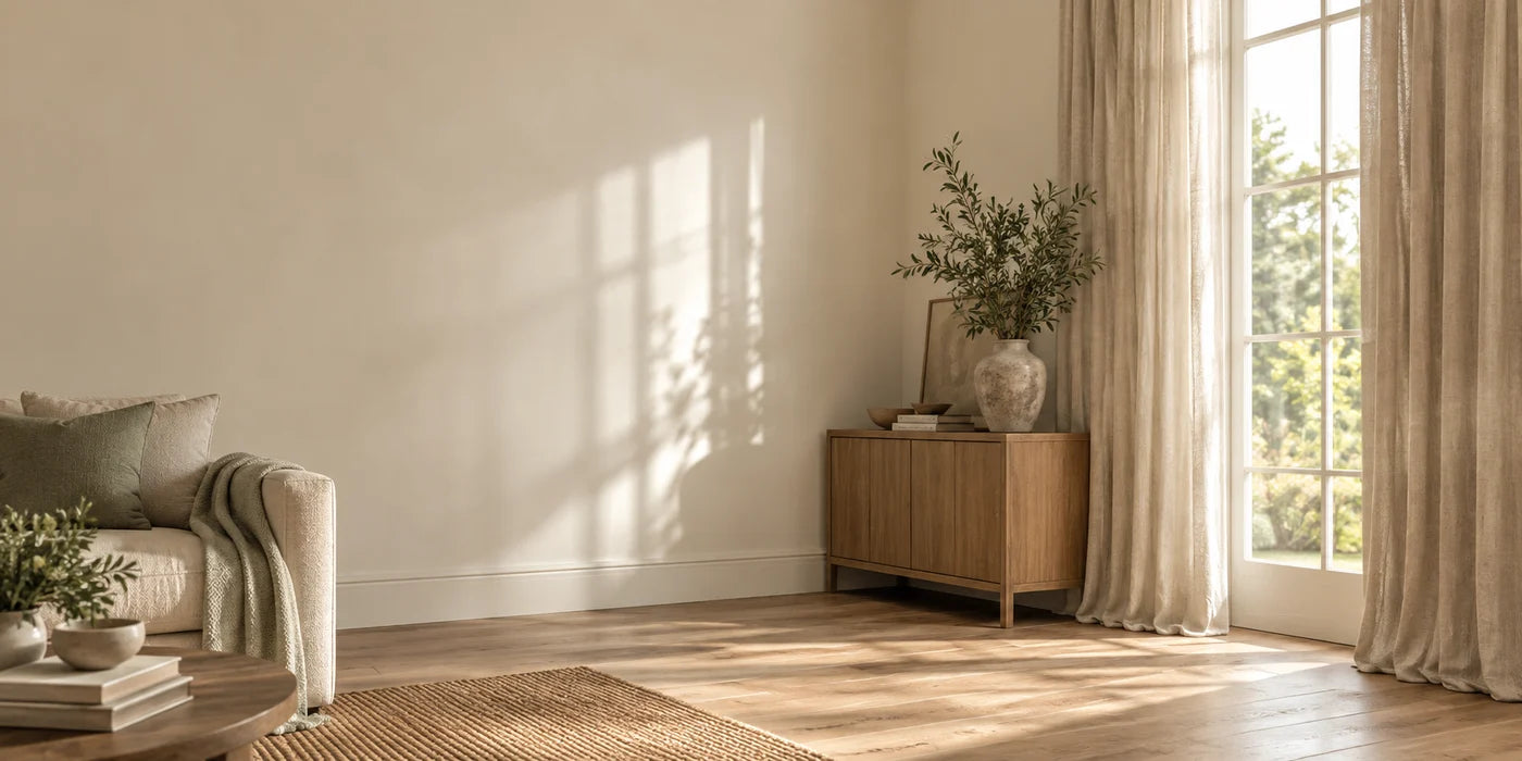 A room with curtains, warm natural colours and considered furnishings
