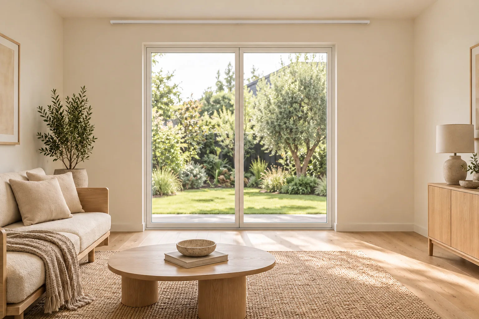 A full-height patio door and surrounding wall space in a living room