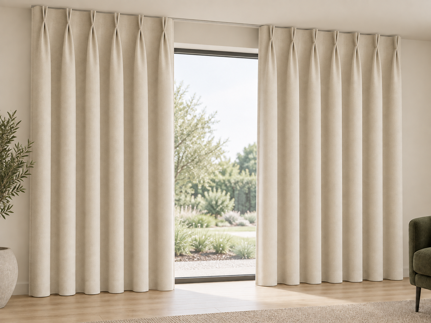 Neutral Double Pinch Pleat curtains in the same reference room, with pairs of fixed pleats opening into the drop