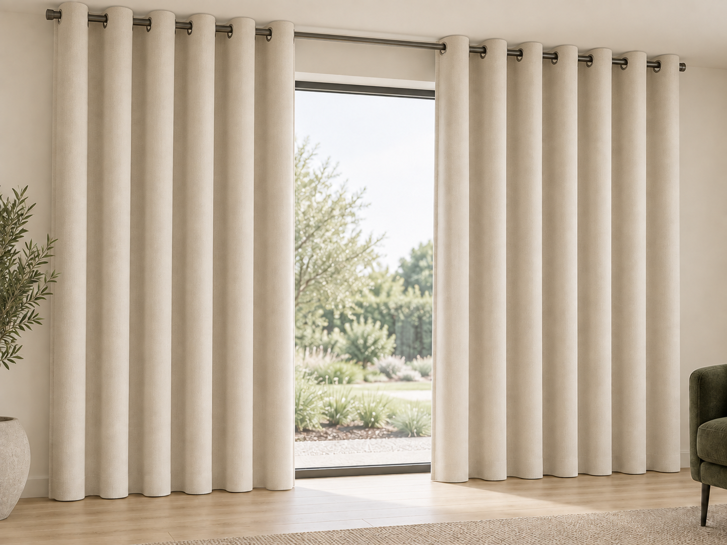 Neutral Eyelet curtains in the same reference room, with visible rings over a pole and broad regular folds
