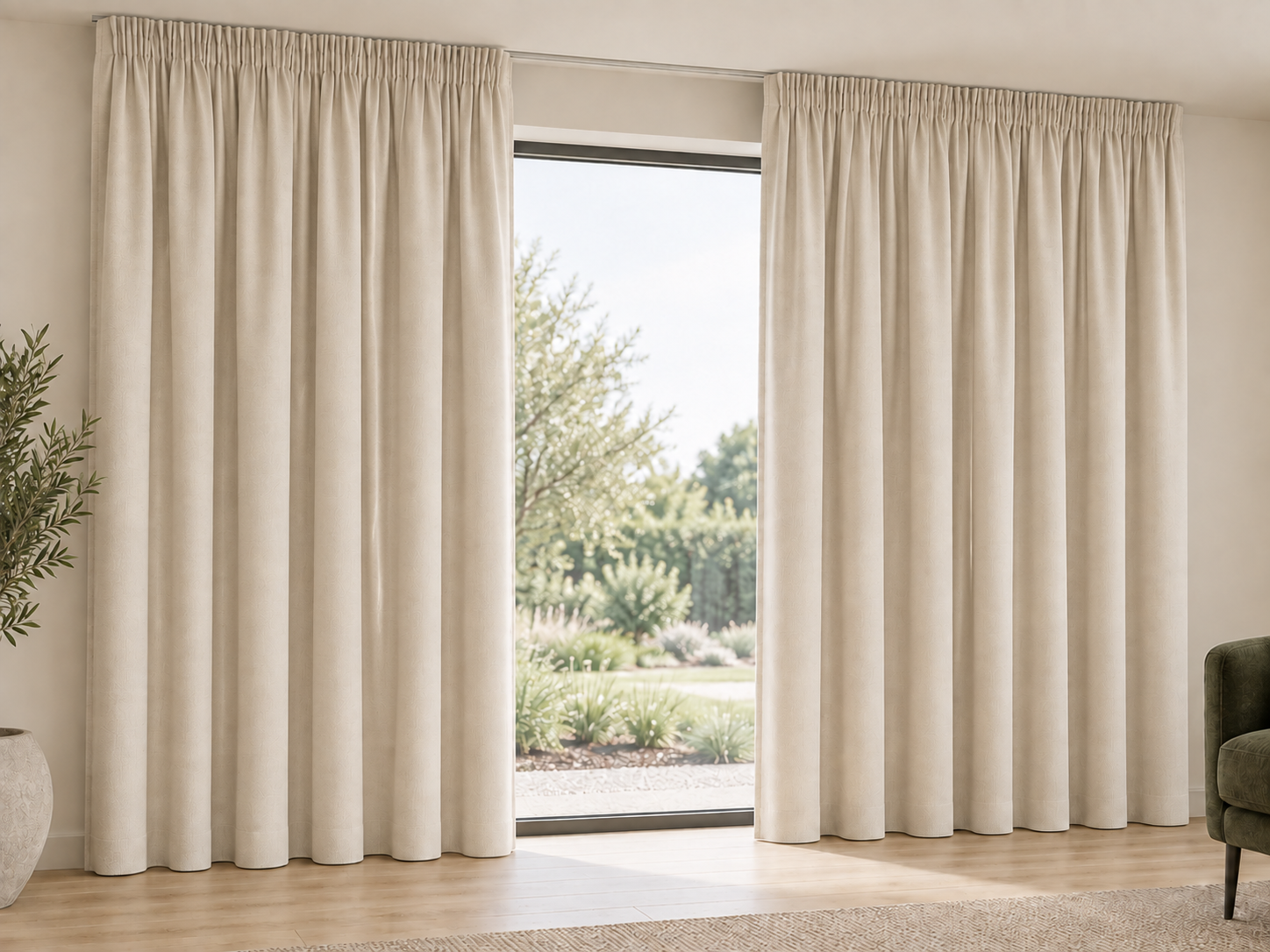 Neutral Pencil Pleat curtains in the same reference room, with many small heading gathers and a softer fall