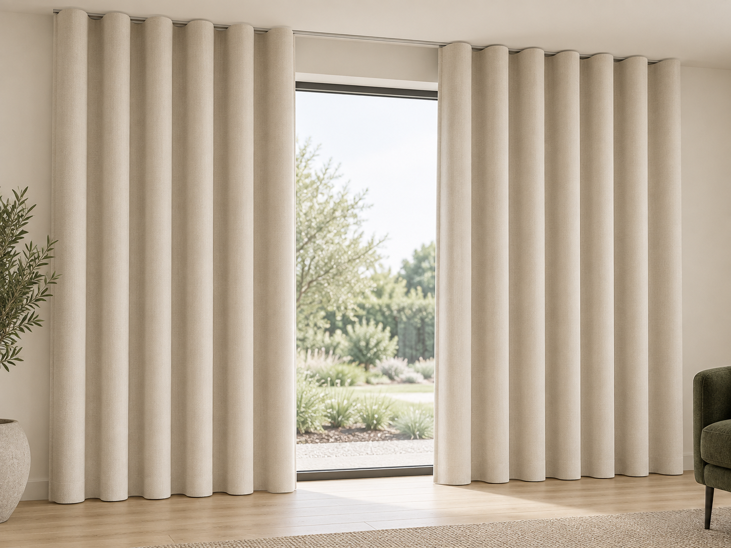 Neutral Wave curtains in the controlled reference room, with a regular repeating heading and clean floor line