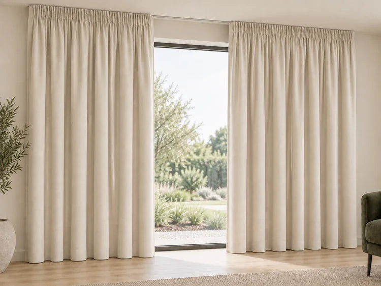 Soft ivory pencil-pleat curtains, neatly gathered and dressed at a sunlit window